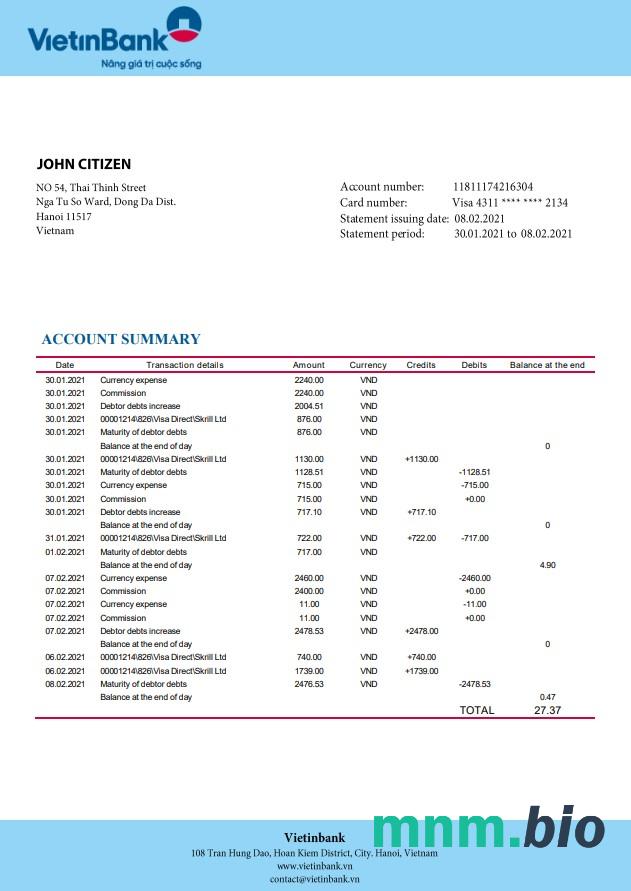 Vietnam Vietinbank szablon w formacie excel pdf